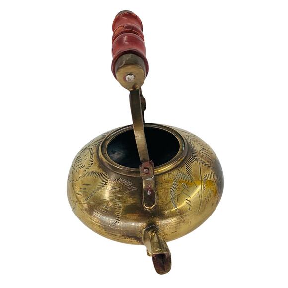 Vintage Brass Tea Kettle Teapot Etched Legs Wood Handle Mini India Missing Lid - Picture 2 of 12